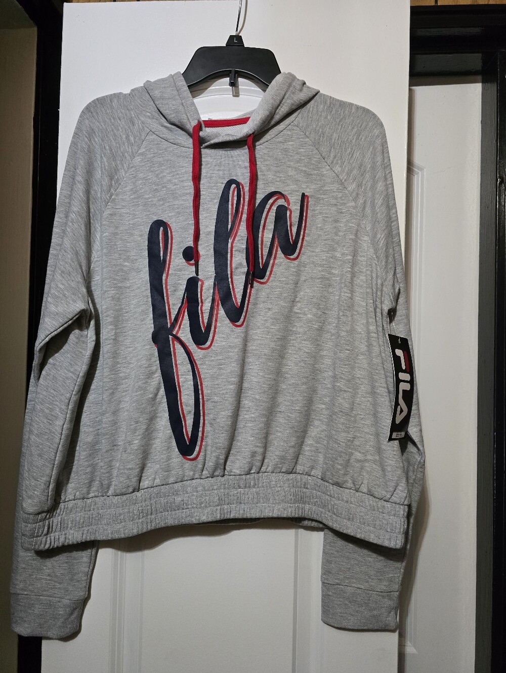 Fila Women's Gray Scoop-Neck Lightweight Pullover Hoodie W Navy & Red Script XL